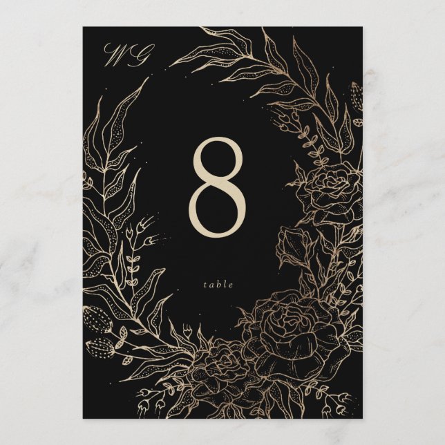 Convite 5 x 7 Black Gold Florals Wedding Table Number (Frente)