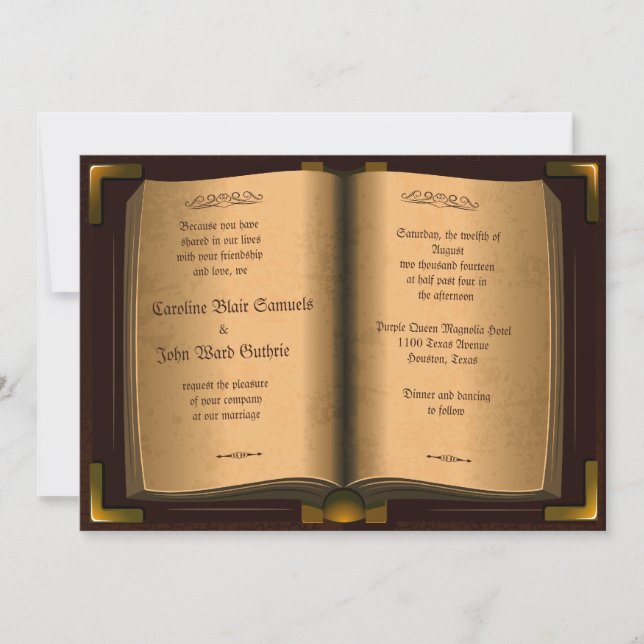 Convite *5" x 7" casamento antigo do livro do couro do (Frente)