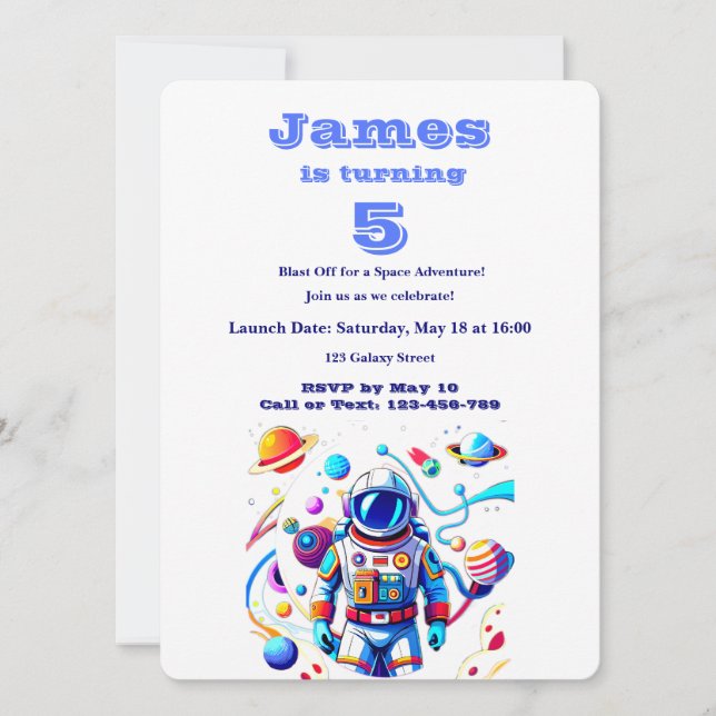 Convite 5 Year Old Space Birthday Custom Astronaut Orbit  (Frente)