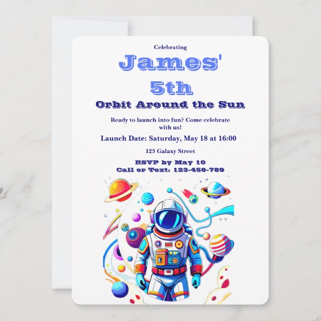 Convite 5 Year Old Space Birthday Custom Astronaut Orbit  (Frente)