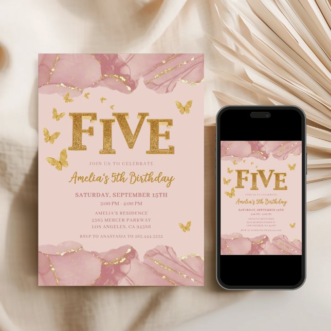 Convite 5th Birthday Invitation Pink Gold Glitter Girl (Criador carregado)