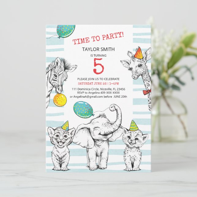 Convite 5th birthday invitation with funny cute animal. (Em pé/Frente)