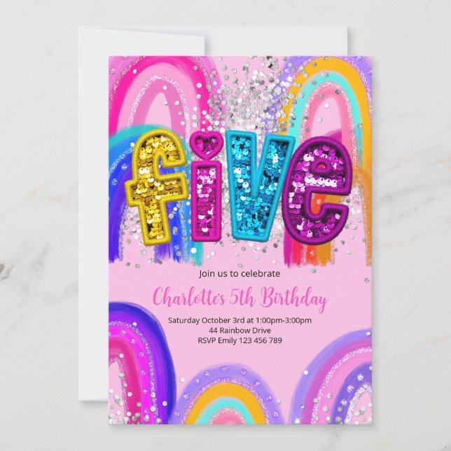 Convite 5th Birthday Sequin Rainbow Party Invitation (Frente)