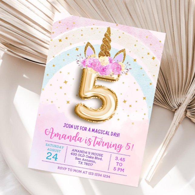 Convite 5th unicorn party invite, Editable 5th birthday in (Criador carregado)