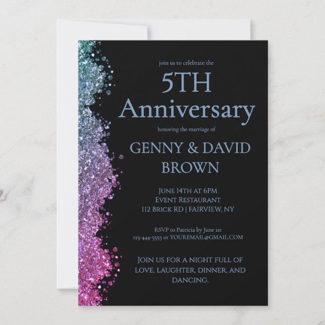 Convite 5th Wedding Anniversary Blue Purple Faux Glitter  (Frente)