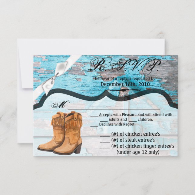 Convite 5x3.5 R.S.V.P. Placa XMAS Blue Wood Barn Boots (Frente)