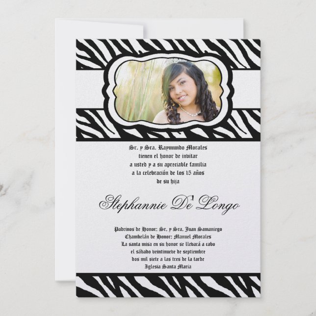Convite 5x7 Blac Zebra Impressão Patter Quinceanera Convit (Frente)
