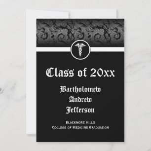 Convite 5x7 Black/White Caduceus Medical School Graduation