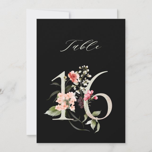 Convite 5x7 Botanical Floral Number 16, Black Table Number (Frente)