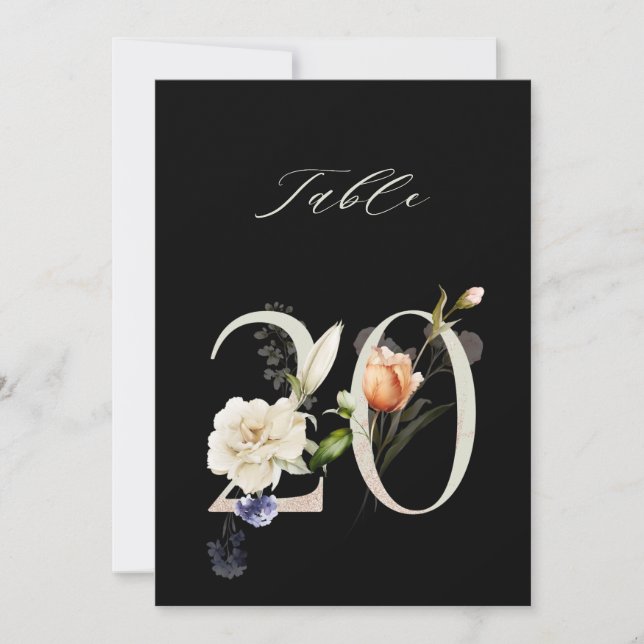 Convite 5x7 Botanical Floral Number 20, Black Table Number (Frente)