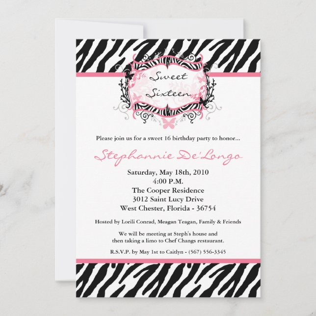 Convite 5x7 Butterfly Zebra Print Birthday Part Invitation (Frente)