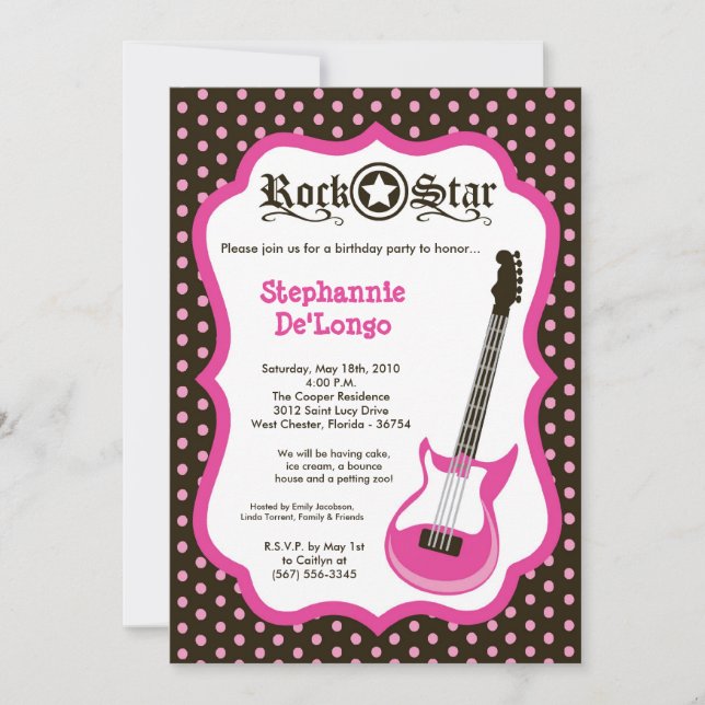 Convite 5x7 Girly Pink Rock Guitar Birthday Par Invitation (Frente)