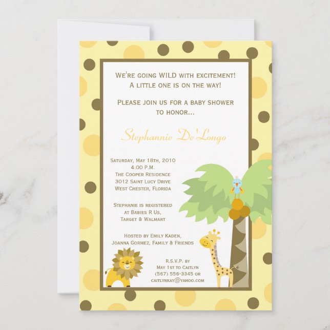 Convite 5x7 Jungle Safari Zoo Anima Baby Shower Invitation (Frente)