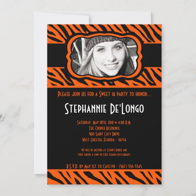 Convite 5x7 Orang Zebra PHOTO Sweet 16 Birthday Invitation (Frente)