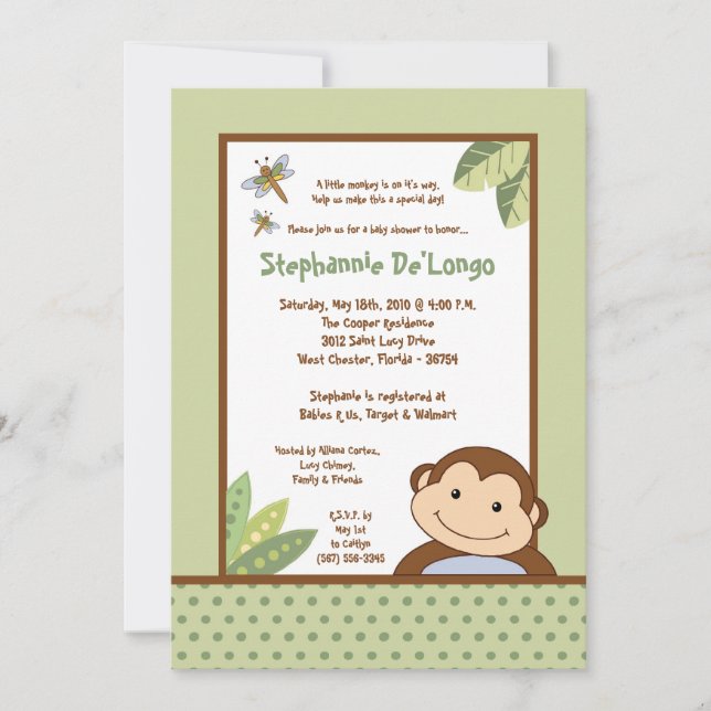 Convite 5x7 Papagayo Monkey Safari Baby Shower Invitation (Frente)