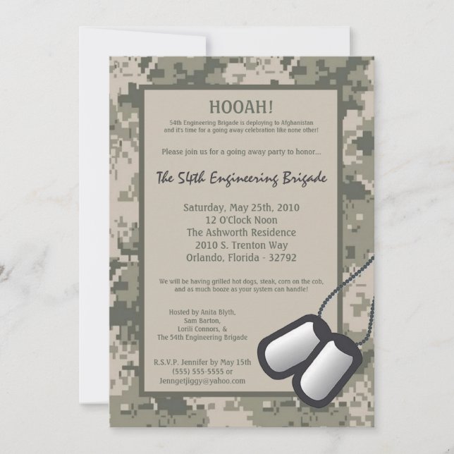 Convite 5x7 que vai afastado impressão da ACU de Camo do (Frente)