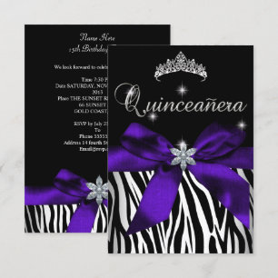 Convite 5x7 Quinceanera Roxo Zebra Preto Branco