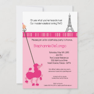 Convite 5x7 Rapariga Rosa Poodle Paris Aniversário Par Co
