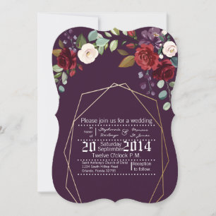 Convite 5x7 Rosas Roxos de Casamento de Plum Dourado Geom