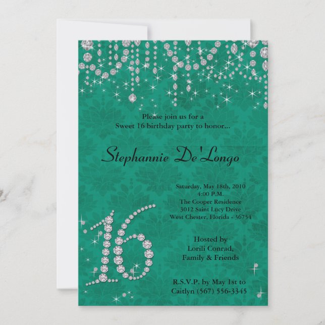 Convite 5x7 Teal Diamond Sweet 16 Aniversário (Frente)