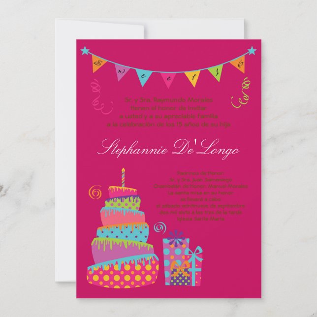 Convite 5x7 Topsey Cake Quinceanera Birthday Invitation (Frente)
