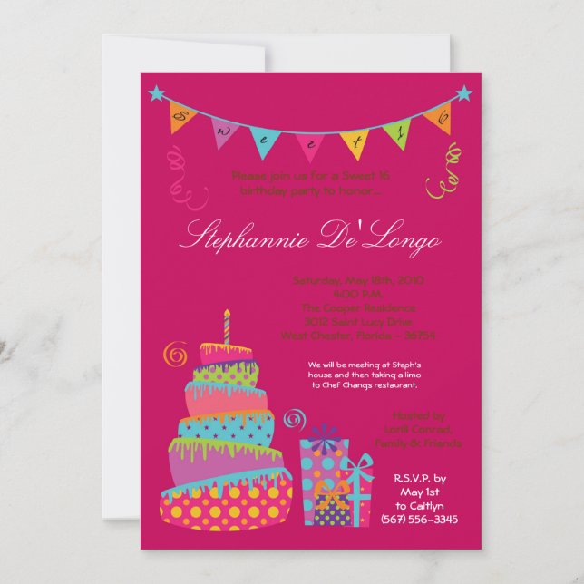 Convite 5x7 Topsey Turvy Cake Sweet 16 Birthday Invitation (Frente)