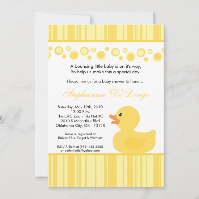 Convite 5x7 Yellow Rubber Ducky Baby Shower Invitation (Frente)