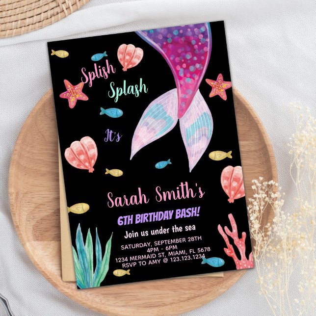 Convite 6º Aniversário da sereia rosa escuro no topo (6th Dark Pink on top mermaid Birthday Invitation)