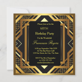 Convite 60ª Festa de aniversário Art Deco Dourado Preto