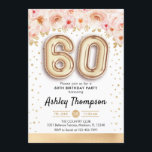 Convite 60ª Festa de aniversário - Balões Dourados<br><div class="desc">60º convite de aniversário. Design elegante em ouro brilhante com sotaque floral. Convide cartão com balões dourados número 60,  fonte de script com confetti. Coral cor-de-rosa,  branco. Perfeito para uma comemoração de na moda sexagésimo dia. Envie-me uma mensagem se precisar de idade personalizada.</div>