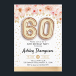 Convite 60ª Festa de aniversário - Balões Dourados<br><div class="desc">60º convite de aniversário. Design elegante em ouro brilhante com sotaque floral. Convide cartão com balões dourados número 60,  fonte de script com confetti. Coral cor-de-rosa,  branco. Perfeito para uma comemoração de na moda sexagésimo dia. Envie-me uma mensagem se precisar de idade personalizada.</div>