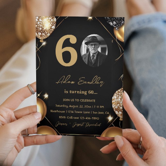 Convite 60ª festa de aniversário com balões e brilho (Criador carregado)