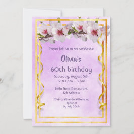 Convite 60ª festa de aniversário com flores de cereja em v