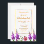 Convite 60ª festa de aniversário cor-de-rosa, floral roxo<br><div class="desc">Um elegante convite de aniversário de verão eterno com pano de fundo branco, e flores de verão como luvas de raposa roxas. En chic faux gold frame. Perfeito para um 60º convite de aniversário - dentro ou fora de um jardim como uma festa de chá! Modelos de nome e detalhes...</div>