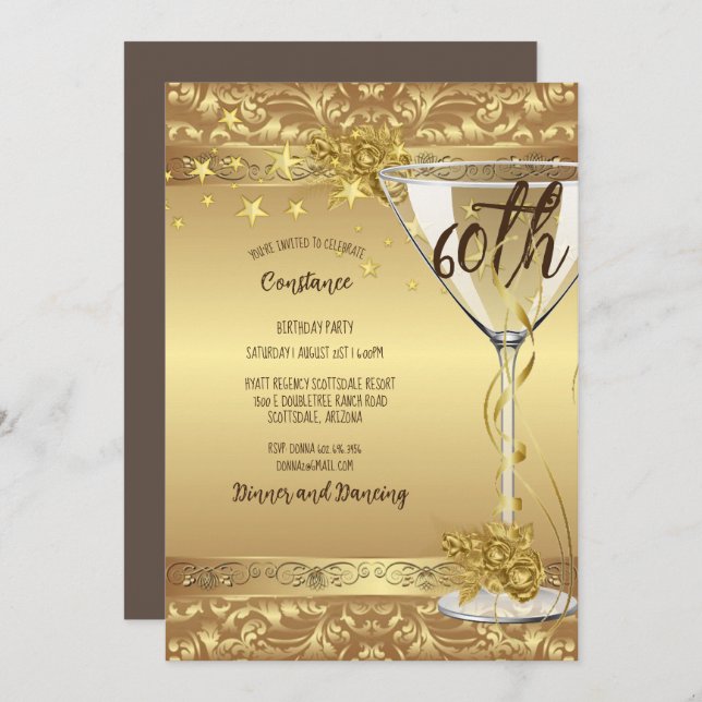 Convite 60ª Festa de aniversário de flores Douradas Elegan (Frente/Verso)