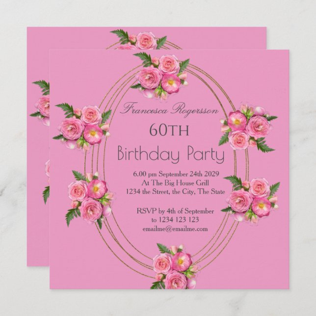 Convite 60ª Festa de aniversário de Flores Rosa Douradas C (Frente/Verso)