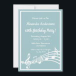 Convite 60ª festa de aniversário de notas de música azul<br><div class="desc">Festa de vamos e dança! Uma placa moderna de 60º convite de aniversário. Fundo cor azul-clara,  cor branca,  com quadro branco e notas musicais,  letras brancas. Modelos para informações sobre a sua parte. Voltar: notas musicais.</div>