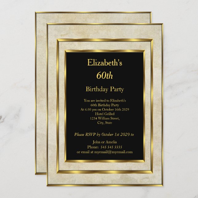 Convite 60ª Festa de aniversário Dourada Areia Preta (Frente/Verso)