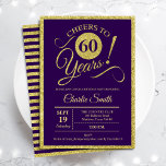 Convite 60ª Festa de aniversário - Dourado Roxo QUALQUER I<br><div class="desc">60º convite de aniversário para homens ou mulheres. Cartão de convite elegante em roxo com folha de ouro falso brilhante. Apresenta a fonte do script de tipografia. Até 60 anos! Pode ser personalizado em qualquer ano. Perfeito para uma celebração de um dia adulto.</div>