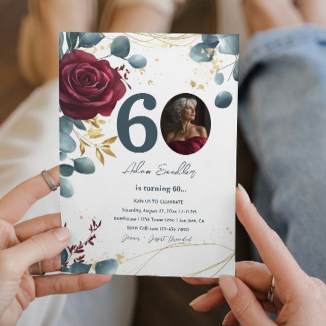 Convite 60ª Festa de aniversário e rosas vermelhas e azul (Criador carregado)