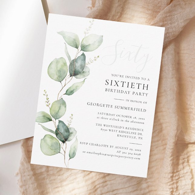 Convite 60ª Festa de aniversário Eucalyptus Greenery Scrip (Watercolor Eucalyptus Greenery 60th Birthday Party Invitation)