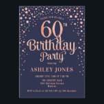 Convite 60ª Festa de aniversário - Marinho e Rosa Dourado<br><div class="desc">60º Convite de aniversário. Design elegante em azul marinho e ouro rosa brilhante. Possui fonte de script na moda e confetti. Envie-me uma mensagem se precisar de idade personalizada.</div>