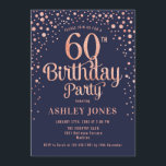 Convite 60ª Festa de aniversário - Marinho e Rosa Dourado<br><div class="desc">60º Convite de aniversário. Design elegante em azul marinho e ouro rosa brilhante. Possui fonte de script na moda e confetti. Envie-me uma mensagem se precisar de idade personalizada.</div>
