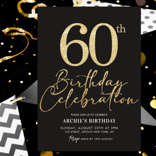Convite 60ª Festa de aniversário, preto e brilhante Dourad (60th birthday elegant gold glitter invitation)
