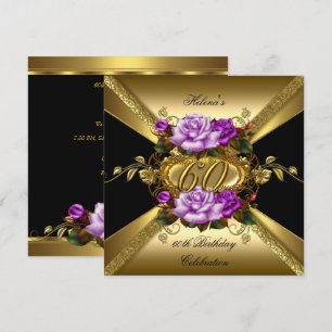 Convite 60ª Festa de aniversário Rosas preto Dourado roxo