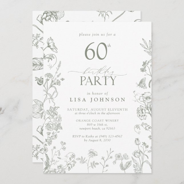 Convite 60ª Festa de aniversário Sage Green Floral (Frente/Verso)