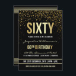 Convite 60ª Festa de aniversário | Shimmering Dourado Conf<br><div class="desc">Este convite de aniversário formal, elegante, moderno e moderno sexagésimo é adequado para homens ou mulheres. Inclui linhas limpas de ouro, guião gótica em maiúsculas e na moda e texto sofisticado de folha de ouro fixo em fundo preto com chás de confete de ouro cintilante, cintilante e fiação de partido....</div>