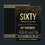 Convite 60ª Festa de aniversário | Shimmering Dourado Conf<br><div class="desc">Este convite de aniversário formal, elegante, moderno e moderno sexagésimo é adequado para homens ou mulheres. Inclui linhas limpas de ouro, guião gótica em maiúsculas e na moda e texto sofisticado de folha de ouro fixo em fundo preto com chás de confete de ouro cintilante, cintilante e fiação de partido....</div>