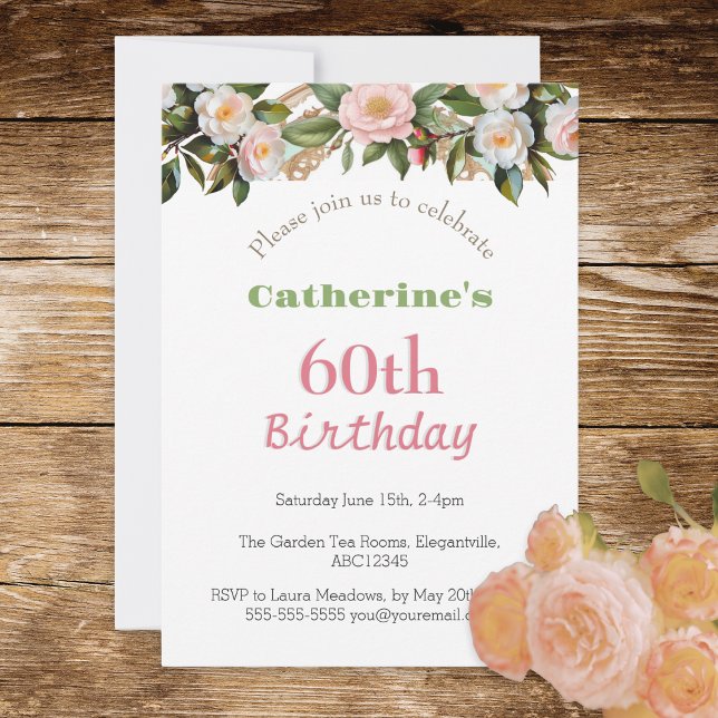 Convite 60ª Festa de aniversário Tarde Tea Floral Bonito (A stylish invitation for a 60th birthday party, with pink roses design)