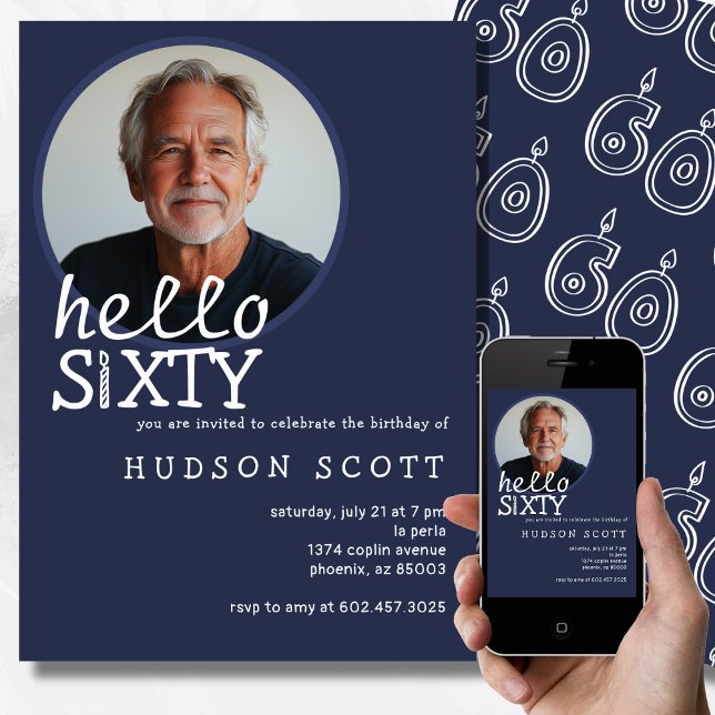 Convite 60ª Foto Festa de aniversário 60 Azul Marinho mode (Criador carregado)